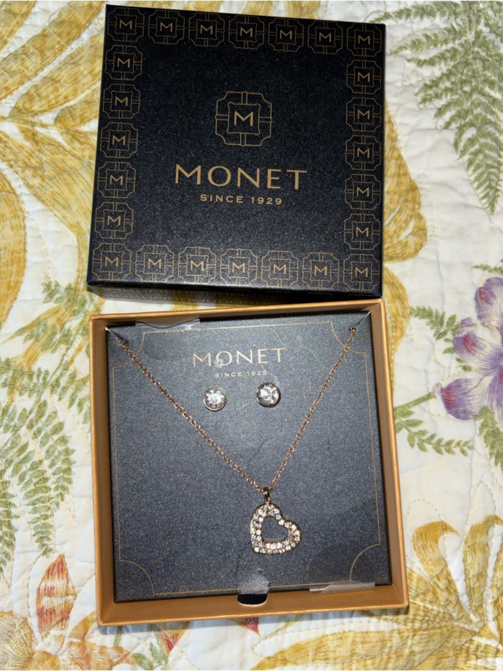 Monet Rose Gold Heart Pendant Necklace with Crystal Stud Earrings